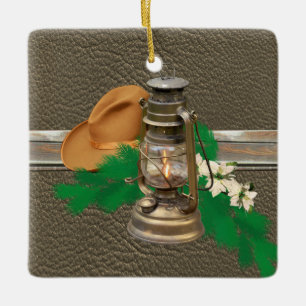Western Cowboy Hat Lantern Faux Wood Leather Print Ceramic Ornament