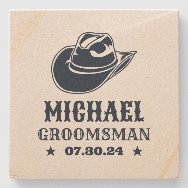 Western Cowboy Hat Personalized Best Man Groomsmen Stone Coaster (Front)