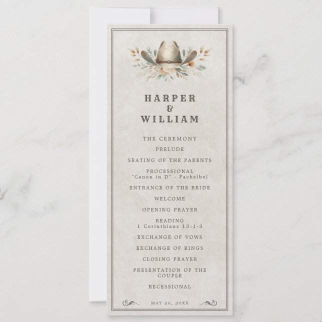 Western cowboy hat wedding program (Front)