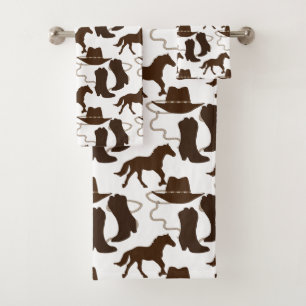 Western Cowboy Horse Hat and Boots Pattern White Bath Towel Set