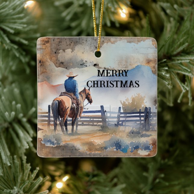 Western Cowboy on Horse Ceramic Ornament (Tree)
