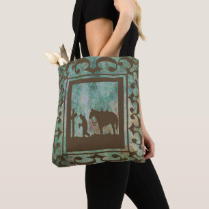 Western Cowboy Praying At The Cross And Horse Tote