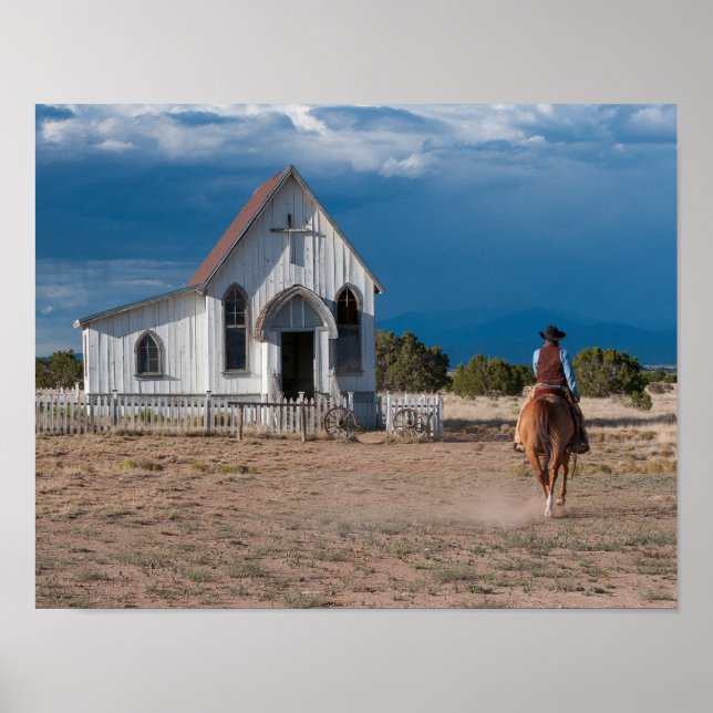 Western Cowboy Riding Horse To Church Print (Front)