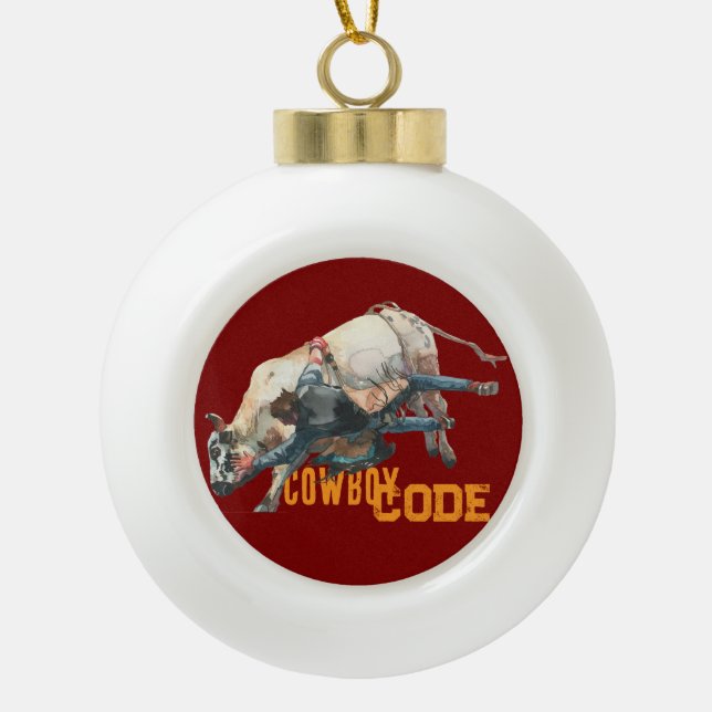Western Cowboy Rodeo Bull Ceramic Ball Christmas Ornament (Front)