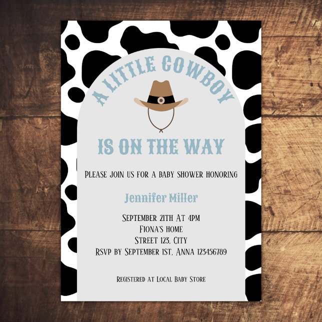 Western Cowboy Rodeo Cow Print Boy Baby Shower Invitation (cowboy western rodeo baby boy shower invitation cow print cowboy hat baby blue)