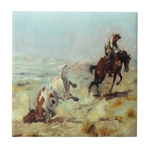 Western Cowboy Roping A Steer Tile