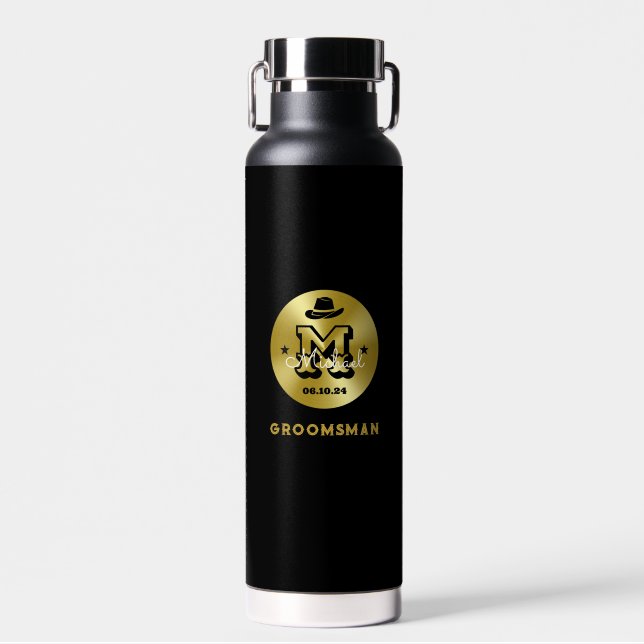 Western Cowboy Rustic Blue Gold Monogram Groomsmen Water Bottle (Front)