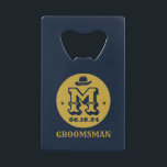Western Cowboy Rustic Groomsmen Name Monogram Credit Card Bottle Opener<br><div class="desc">Personalized gifts for groomsmen with western cowboy theme. Decorated with cowboy hat with vintage western font. Text and background colour are editable using the Design Tool to fit your occasion. Get this customize gift for wedding,  bachelor party,  engagement party or any other special occasions.</div>