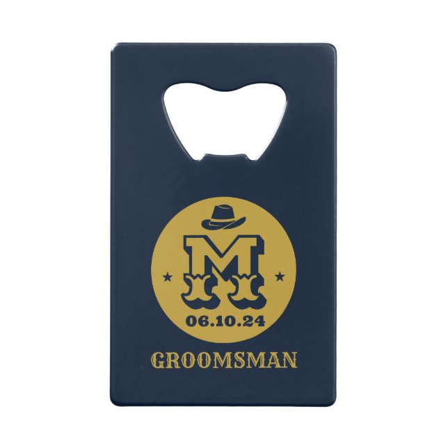 Western Cowboy Rustic Groomsmen Name Monogram Credit Card Bottle Opener (Front)