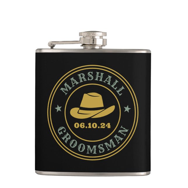 Western Cowboy Rustic Logo Personalized Groomsmen Hip Flask (Front)