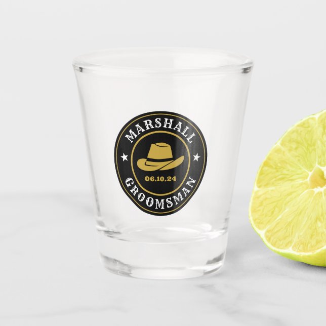 Western Cowboy Rustic Logo Personalized Groomsmen Shot Glass (Front)