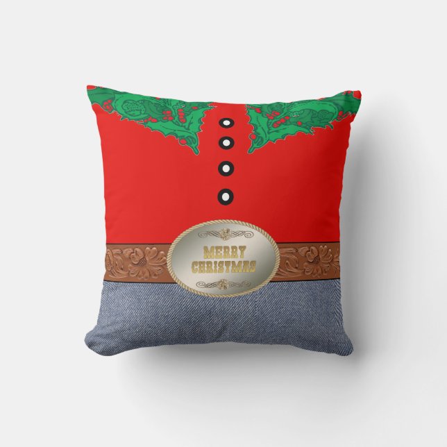 Western Cowboy Santa Belt Buckle Red Shirt Jeans Throw Pillow (Front)