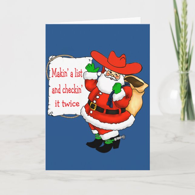 Western Cowboy Santa Making A List Holiday Card (Front)