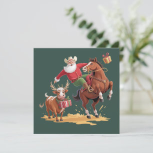Western Cowboy Santa Xmas Rodeo Horse & Reindeer Holiday Card
