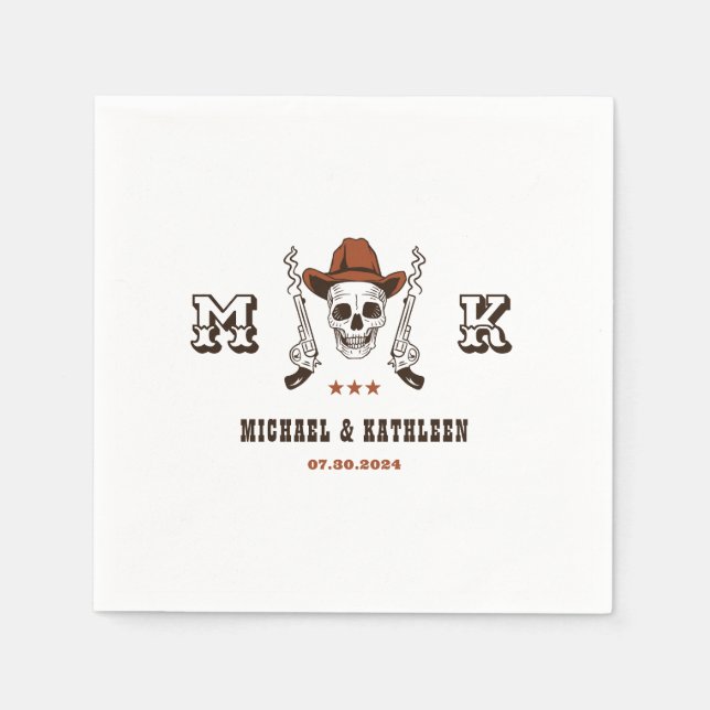 Western Cowboy Skull Monogram Boho Country Wedding Napkin (Front)