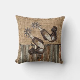 Western Cowboy Spurs  Burlap Barn wood Barbed Wire Throw Pillow