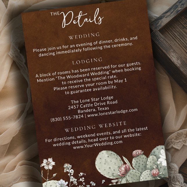 Western Cowboy Vintage Botanical Wedding Details Enclosure Card (western wedding theme southwestern botanical cactus floral art details card)