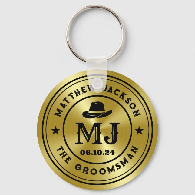 Western Cowboy Vintage Gold Monogram Groomsmen Keychain (Front)