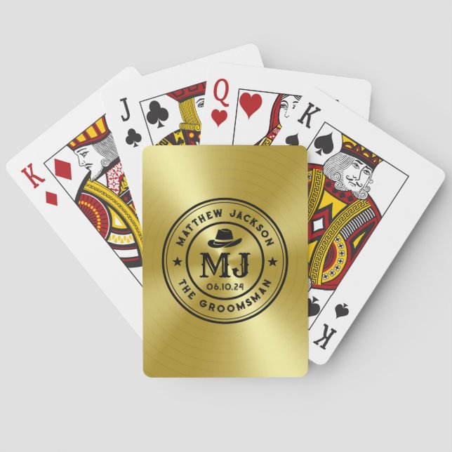 Western Cowboy Vintage Gold Monogram Groomsmen Playing Cards (Back)