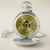 Western Cowboy Bull Skull Logo Gold Navy Groomsmen Pocket Watch