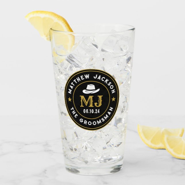 Western Cowboy Vintage Logo Personalized Groomsmen Glass (Front Ice)