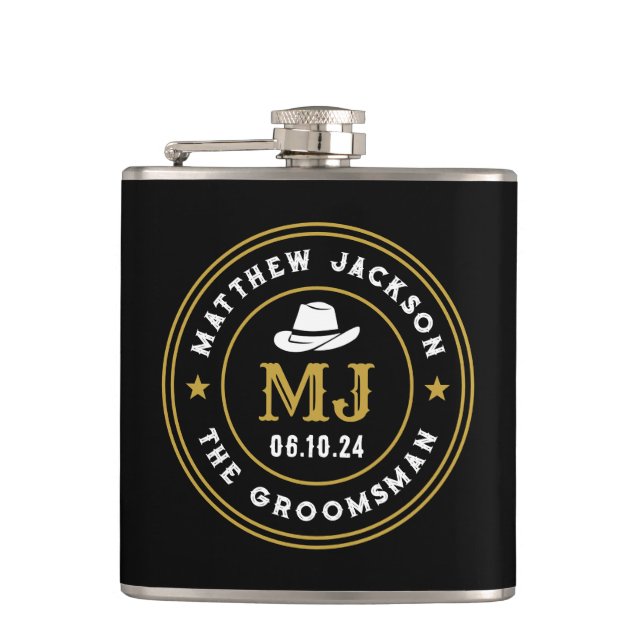 Western Cowboy Vintage Logo Personalized Groomsmen Hip Flask (Front)