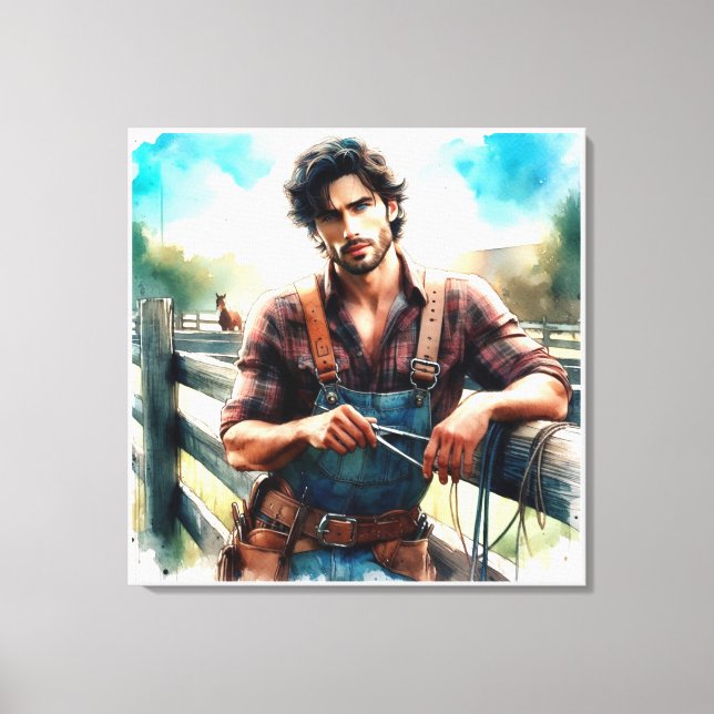Western Cowboy Watercolor Stretched Canvas Print (Front)