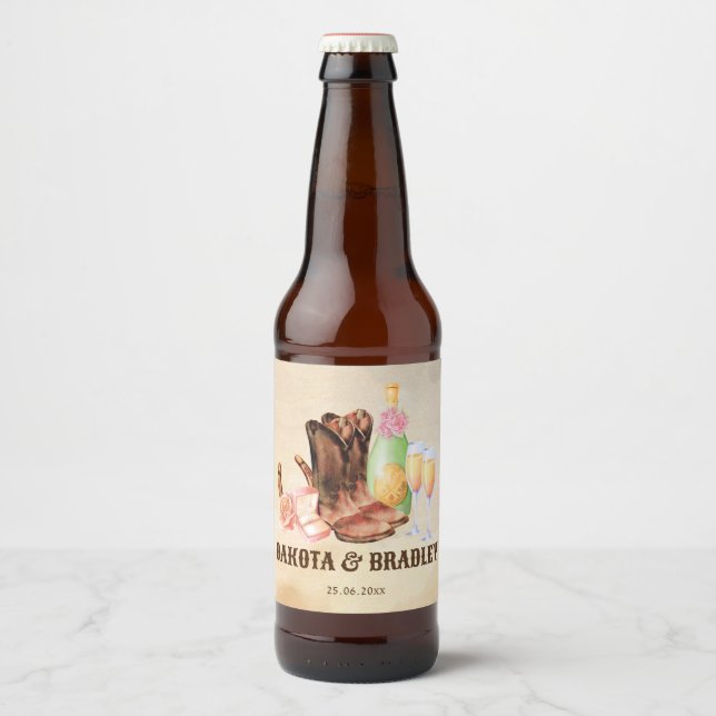 Western cowboys cowgirl party wedding personalized beer bottle label (Front)