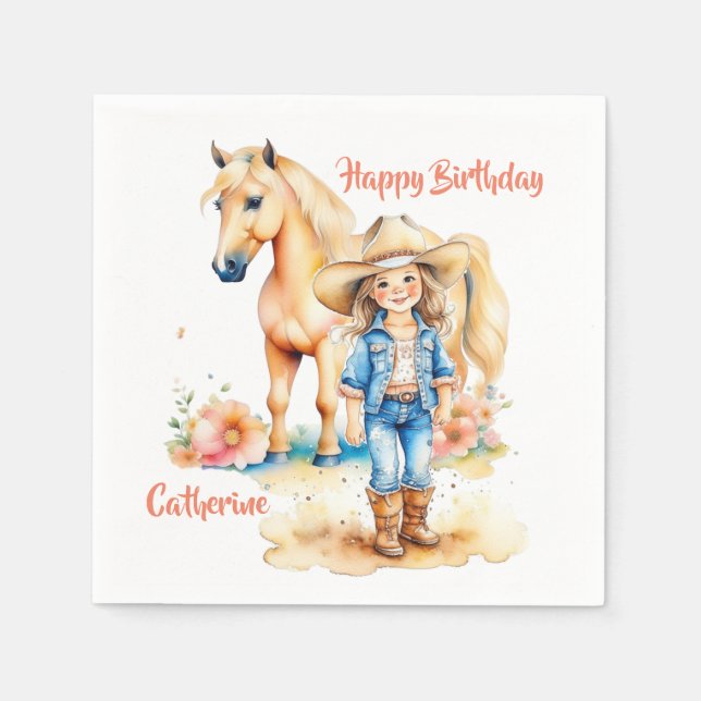 Western Cowgirl and Horse Personalized Birthday Napkin (Front)