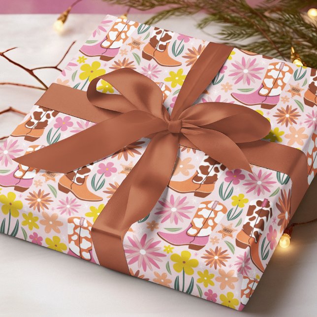 Western Cowgirl Boots Floral Pink Pattern Wrapping Paper (Creator Uploaded)