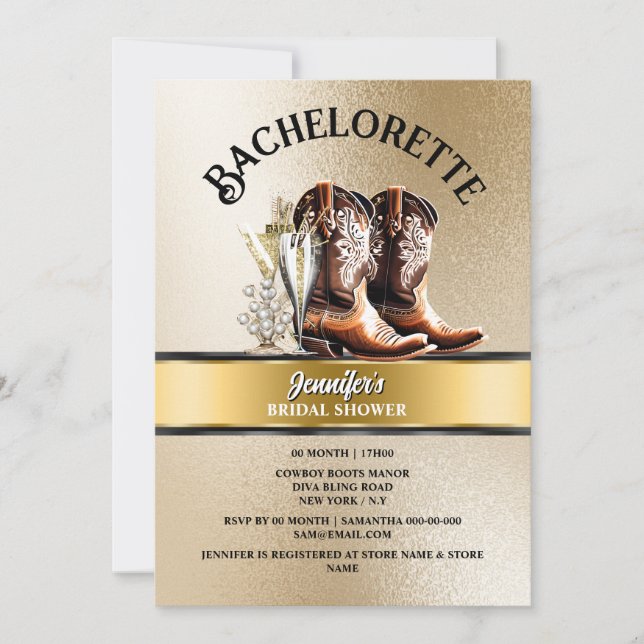 Western cowgirl boots gold black bubbly chic  invitation (Front)
