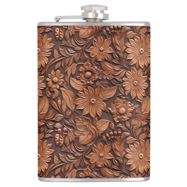 Western Cowgirl Brown Floral  Hip Flask (Front)