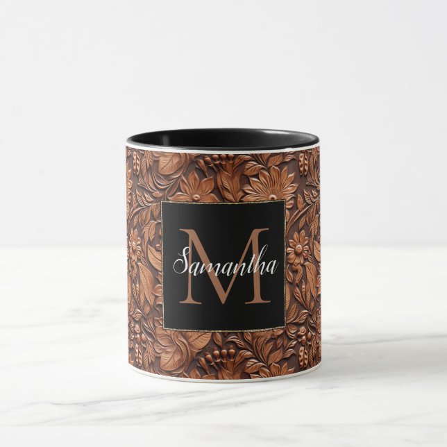 Western Cowgirl Brown Floral Monogram Name Mug (Center)