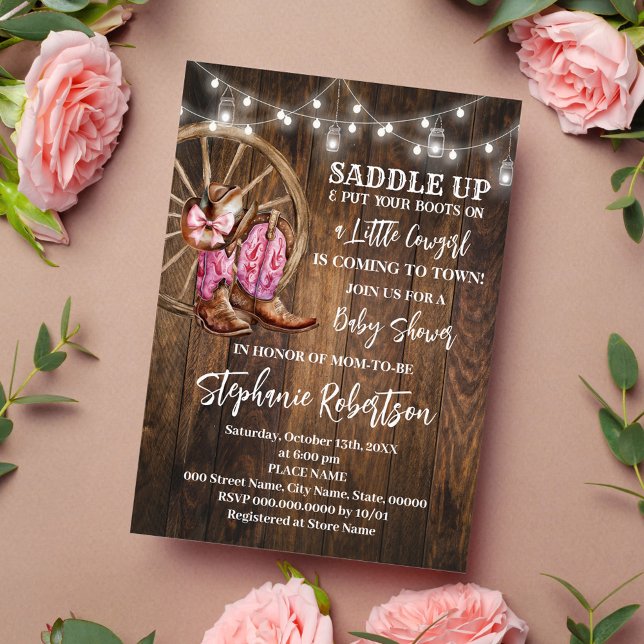 Western Cowgirl Coming to Town Pink Baby Shower Invitation (Creator Uploaded)