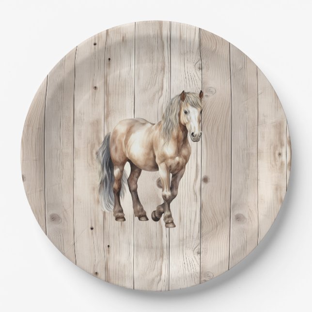 Western Cowgirl Cowboy Horse Faux Wood Paper Plate (Front)
