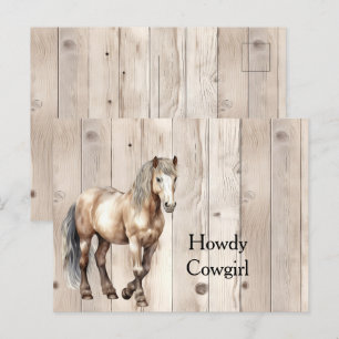 Western Cowgirl Cowboy Horse Faux Wood Postcard