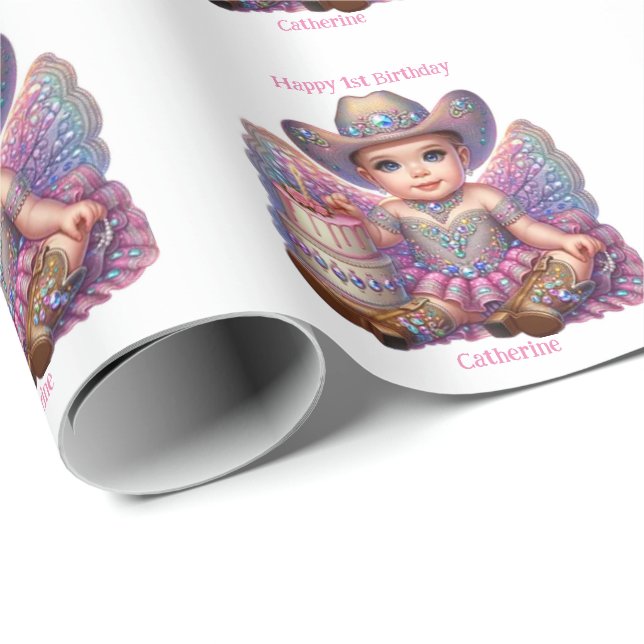 Western Cowgirl First  Birthday Custom  Wrapping Paper (Roll Corner)