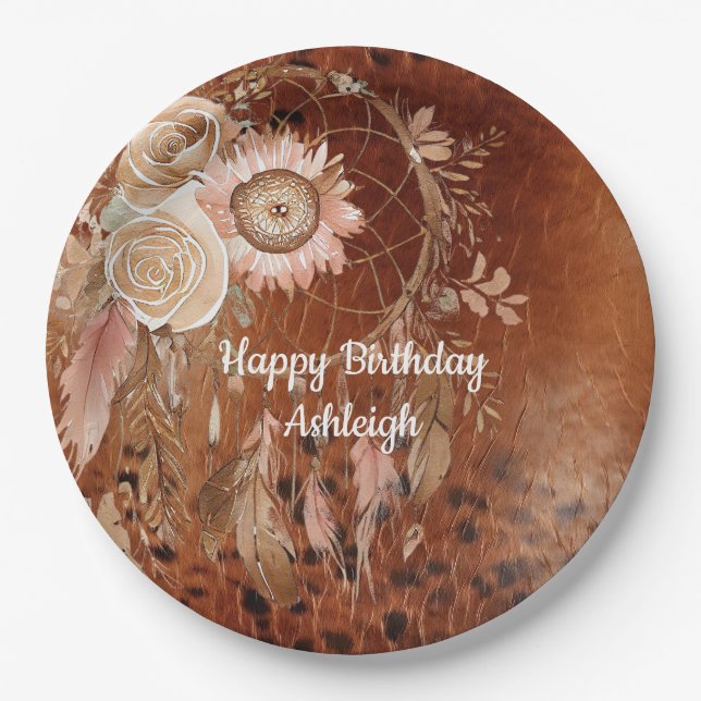 Western Cowgirl Floral Dream Catcher  Birthday Paper Plate (Front)
