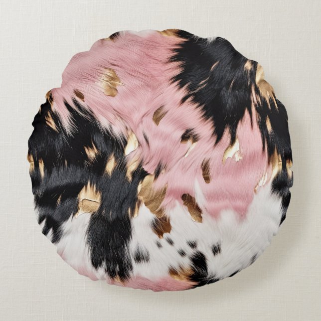 Western Cowgirl Pink Black White Gold Abstract Round Pillow (Front)