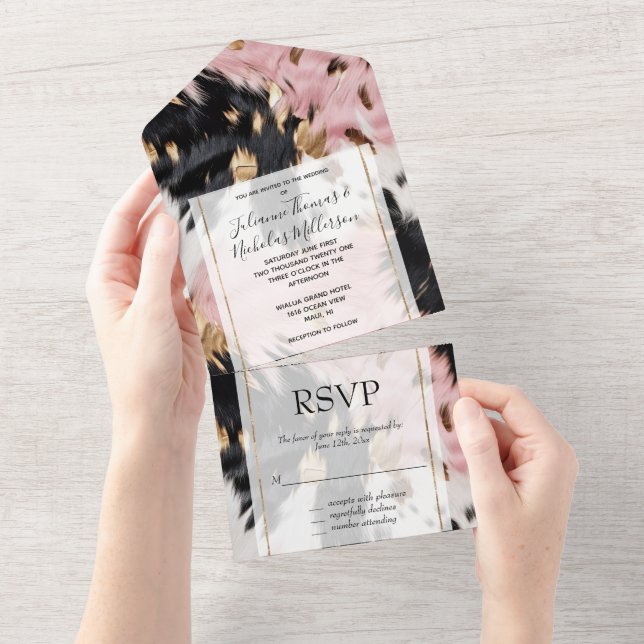 Western Cowgirl Pink Black White Gold Cowhide All In One Invitation (Tearaway)