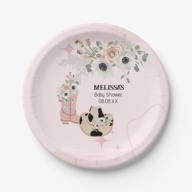 Western Cowgirl Pink Boots Hat Custom Dessert Paper Plate (Front)