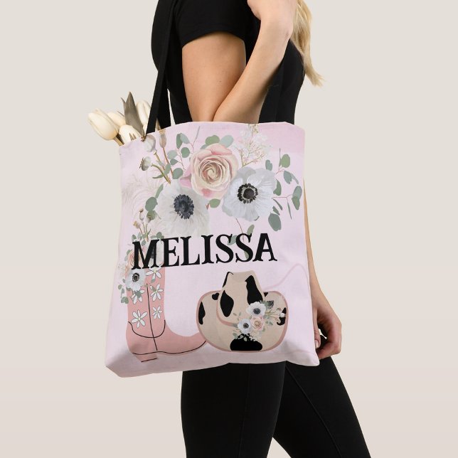 Western cowgirl pink boots hat personalize tote bag (Creator Uploaded)