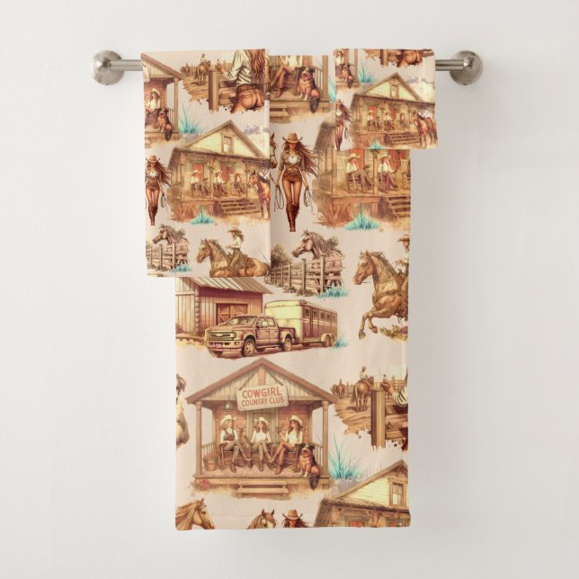 Western Cowgirl Ranch Horse Scenes  Bath Towel Set (Insitu)