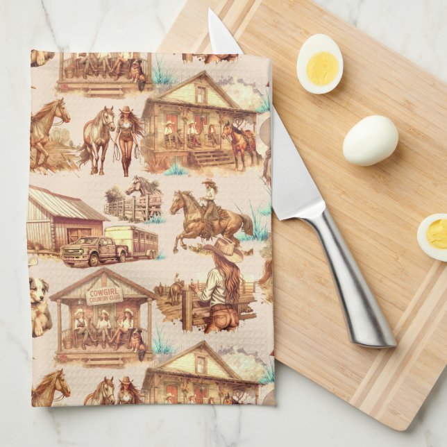 Western Cowgirl Ranch Horse Scenes  Kitchen Towel (Quarter Fold)
