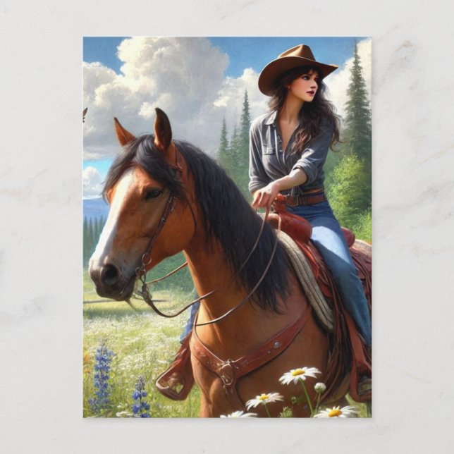 Western Cowgirl Riding Horse Postcard (Front)