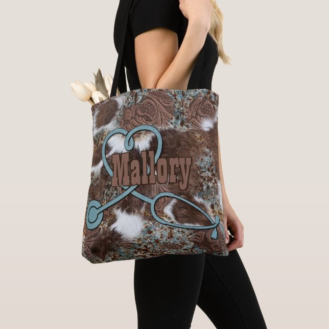 Western Cowhide Turquoise Brown Leather Nurse Tote Bag (Close Up)