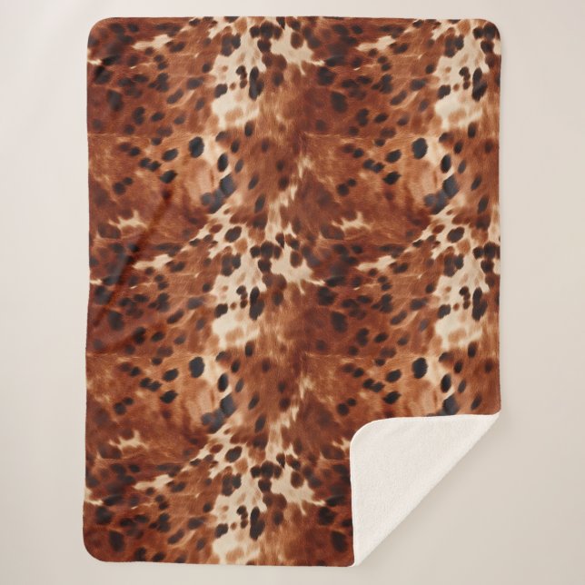 Western Cream Spotted Brown Black Cowhide Sherpa Blanket (Front)