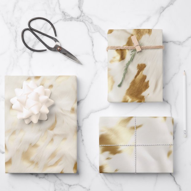 Western Cream White Gold Cowhide Wrapping Paper Sheet (Front)
