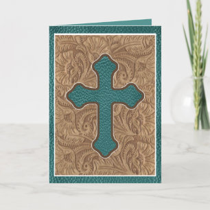 Western Cross Leather Print Tan Teal Holiday Card