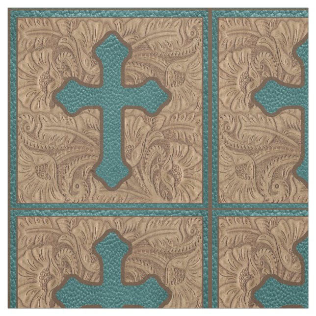 Western Cross Teal And Brown Faux Leather Fabric (Swatch)